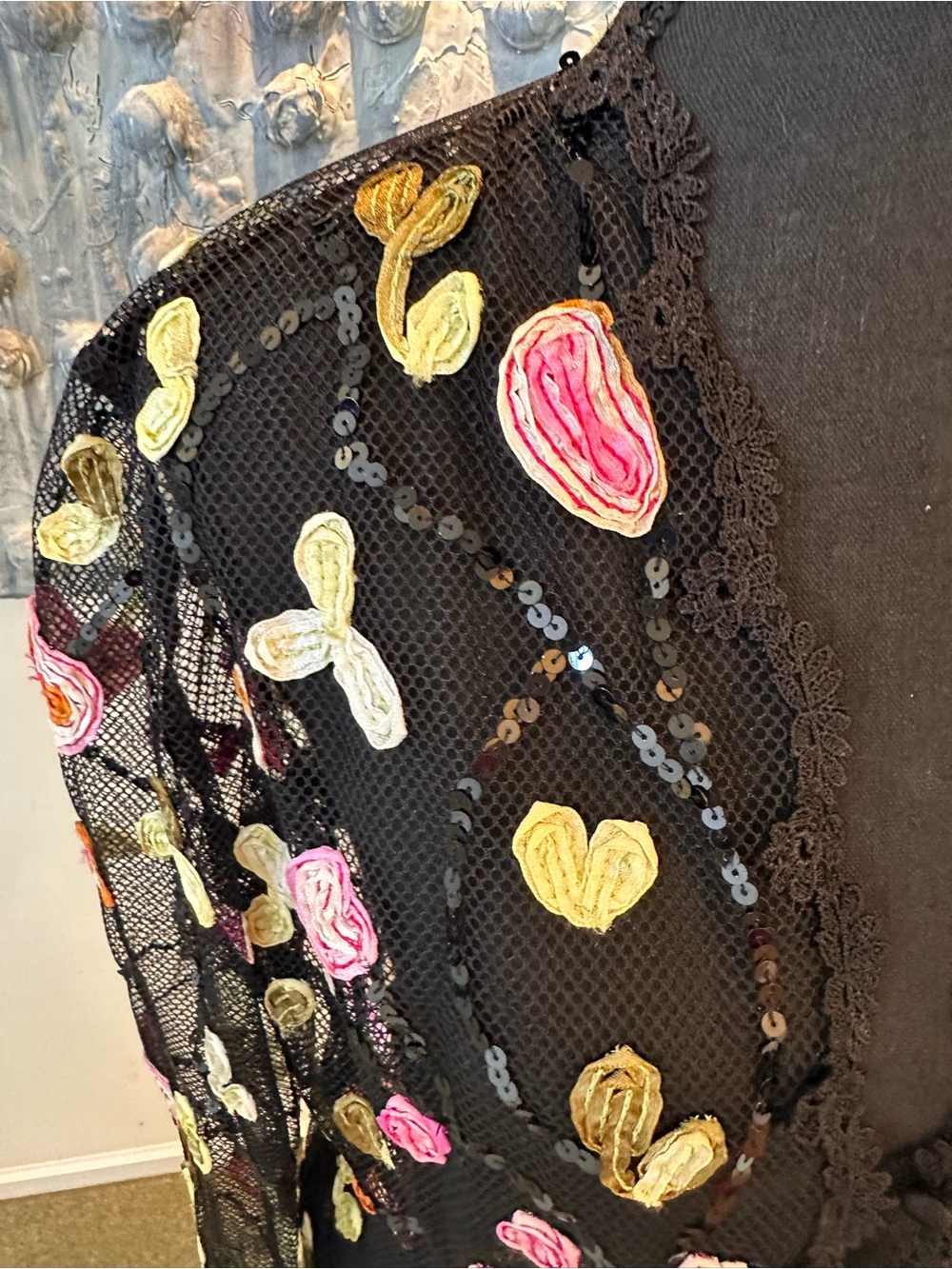 ⭐️ Black Sheer Mesh Cardigan with Pink, Yellow & Orange Appliqués - Picture 11 of 12